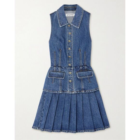 NWT SELF-PORTRAIT Pleated Denim Mini Top Skirt Set Size 2 - Picture 5 of 12